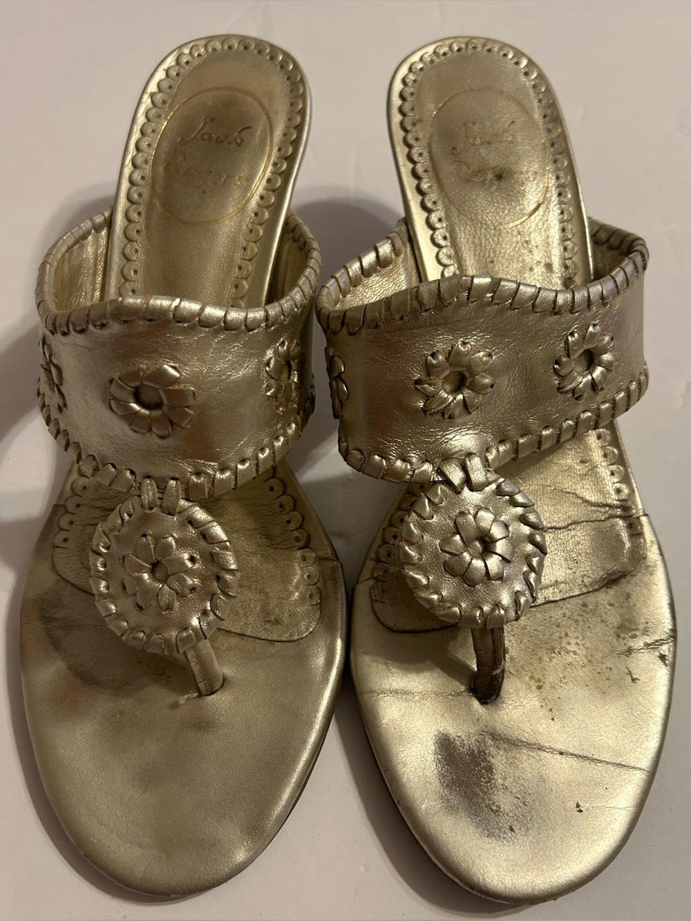 Jack Rogers Metallic Gold Leather Floral Medallion Mules